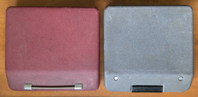 1950 Gossen Tippa and 1952 Hermes Baby typewriter cases viewed from above